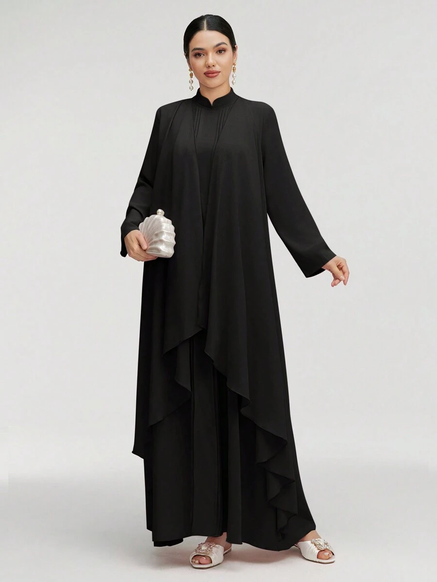 Graceveil Women Stand Collar Long Sleeve Pleated Elegant Arabian Modest Dress - Black - View 1