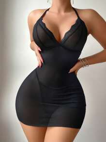 Snug Zone 2 Pcs Sexy Back Pearl Chain Ruched Nightgown And G-String Set, Rave - Black - View 2