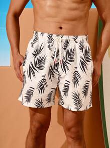 Manfinity Swimmode Men's Lace-Up Front All-Over Print Dual Layer Casual Beach Shorts