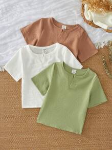 SHEIN 3-Piece Set Baby Boy Solid V-Neck Short Sleeve T-Shirts Top For Spring - Multicolor - View 2