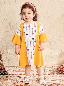 SHEIN Baby Mädchen Sommerkleid mit niedlichem geometrischem Muster Patchwork und Kurzarm - Gelb - Übersicht 4