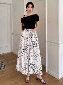 DAZY بناطيل كولوت برباط مرتخي مزخرفة بطباعة الأزهار للنساء، طول الكاحل، مناسبة للربيع والصيف - أبيض - مشاهدة 4