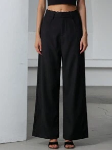 Aveloria Modichic 黑色腰带撞色蕾丝高端设计显瘦宽松女士阔腿裤 - 黑色 - 查看 7