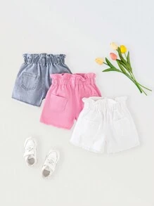 Denimly 年轻女孩 3 件套：休闲日常可爱学院风牛仔短裤，带荷叶边腰部、松紧腰部和口袋细节