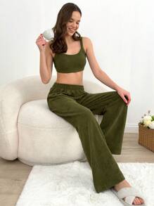 RueChic Women 2 Pcs Cotton Textured Fabric Detail Sleeveless Top And Long Bottom Homewear Set - Dark Green - View 1
