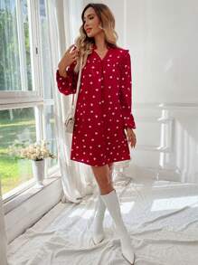 SHEIN LUNE Spring New V-Neck Ruffle Hem Romantic Heart Pattern Cute & Elegant Ladies Short Dress Valentine's Day Heart - Red - View 3
