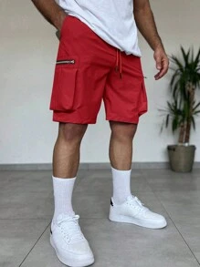 Manfinity Homme Men's Solid Color Front Tie Pocket Simple Casual Shorts For Everyday Wear - Red - View 3