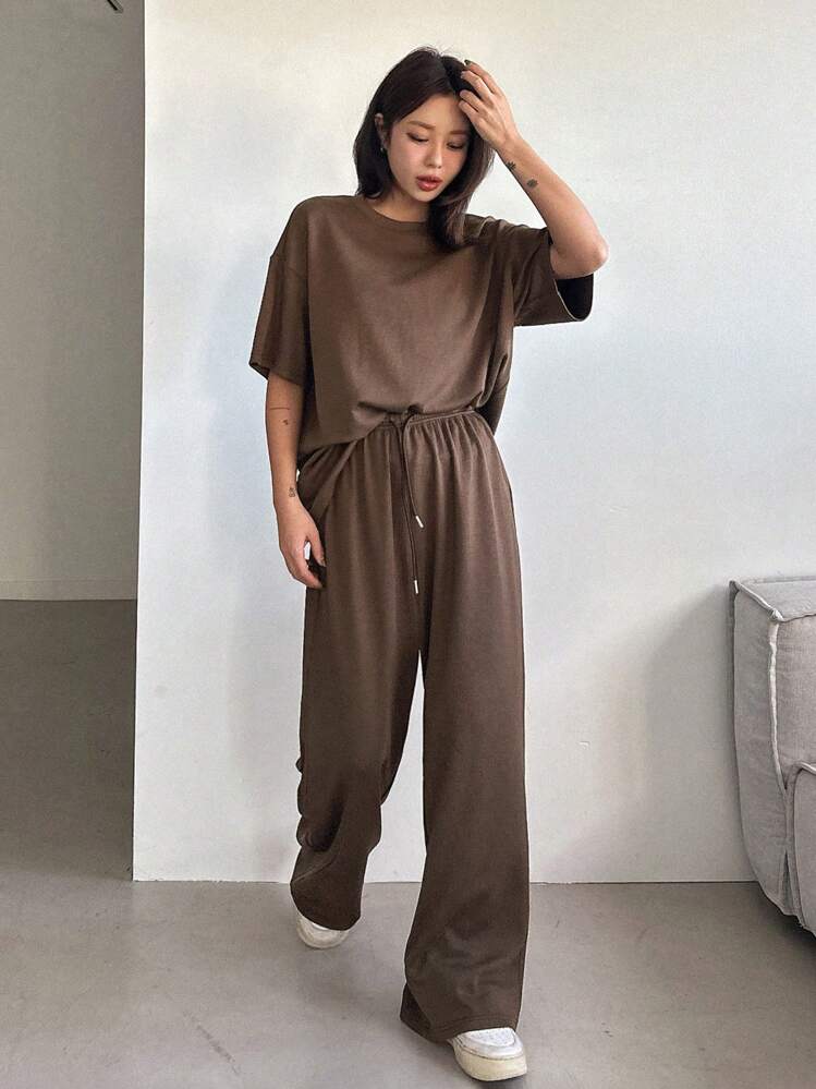 DAZY 2 pièces/Set Femmes Top à manches courtes col rond de couleur unie et pantalon long d'été - Kaki - Voir 2