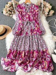 SHEIN LUNE 大码前系带长袖花卉印花拼布休闲连衣裙、度假装 - 粉色 - 查看 4