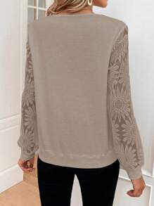 EMERY ROSE Women's Casual Jacquard Patchwork Long Sleeve Top For Autumn Fall Cloth For Women - Apricot - View 2