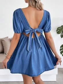 SHEIN Maternity Blue Denim Puff Sleeve Casual Mini Dress Sweet Bubble Sleeve Loose Fit Blue Dress,Bow Dress,Renaissance Dress,Backless/ Open Back ,Summer/Summer Outfits For Women,Suitable For Parties, Holidays, Dates, Valentine's Day, Afternoon Tea,Spring Outfits For Women / Spring,Summer Outfits For Women / Summer / Summer Clothes / Cute Summer Tops,Easter Dress / Easter / Easter Outfit Women,Concert Outfit Women / Rave Outfits / Rave Outfits Festival / Country Concert Outfit / Nashville Outfits / Ibiza Outfits,Western Wear Women / Western / Western Clothes For Women,Cowgirl Outfits For Women / Rodeo Outfits For Women / Cowgirl Outfit,Beach Outfits For Woman / Beach, Brunch Outfits For Women