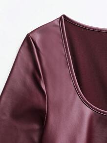 SHEIN Unity Women's PU Leather Solid Color Long Sleeve Ruffle Hem Bodycon Dress Fall Cloth For Women - Burgundy - View 4