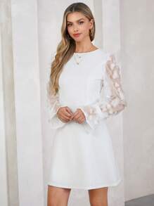 SHEIN Clasi Women's White Spring Mesh Sleeve Dress - White - View 4