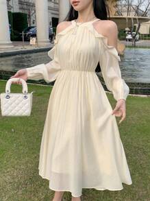 DAZY Women Beaded Ruffle Ruffle Hem Mid-Length Dress Prom Dress,Casual Women Dresses,Fall Dress Long Sleeve Dress - Beige - View 1