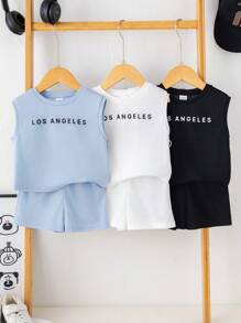 SHEIN Set básico de 6 piezas de verano para bebé niño/niña con Top de tirantes con estampado de letra y pantalones cortos informales - Multicolor - Ver 3