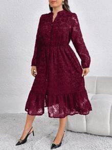 SHEIN Clasi 大码女式 V 领蕾丝长袖优雅秋季连衣裙 - 酒紅色 - 查看 6