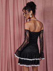 COSMINA Elegant Off Shoulder Black Ruffle Mini Dress For Women, Spring/Summer - Black - View 2
