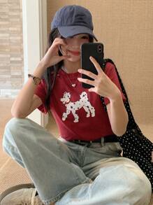 DAZY 女士休闲卡通狗印花圆领短袖T恤可爱上衣 - 紅色 - 查看 6