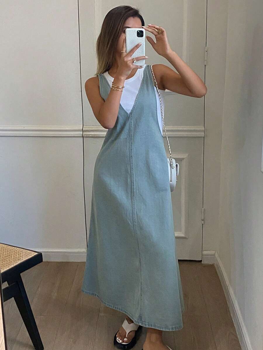 Livesso 女士休闲百搭 V 领牛仔连身裙 - 淺色水洗藍 - 查看 1