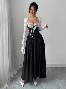 Chiquease Vestido largo de princesa con mangas largas de encaje blanco, tutú y escote sexy para fiesta de disfraces y celebraciones