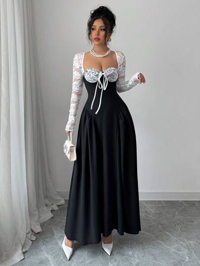 Chiquease 节日服装连衣裙派对舞会白色蕾丝长袖公主芭蕾舞裙性感长裙