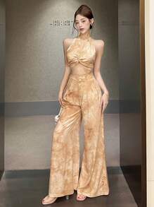 DAZY Floral Print Twist Front Top & Wide Leg Pants 2 Pieces Set For Women