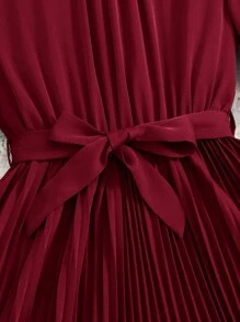 SHEIN Leap Crew 优雅纯色长袖腰部收褶连衣裙，适合青少年女孩的节日、派对和街头装，秋季 - 酒紅色 - 查看 4