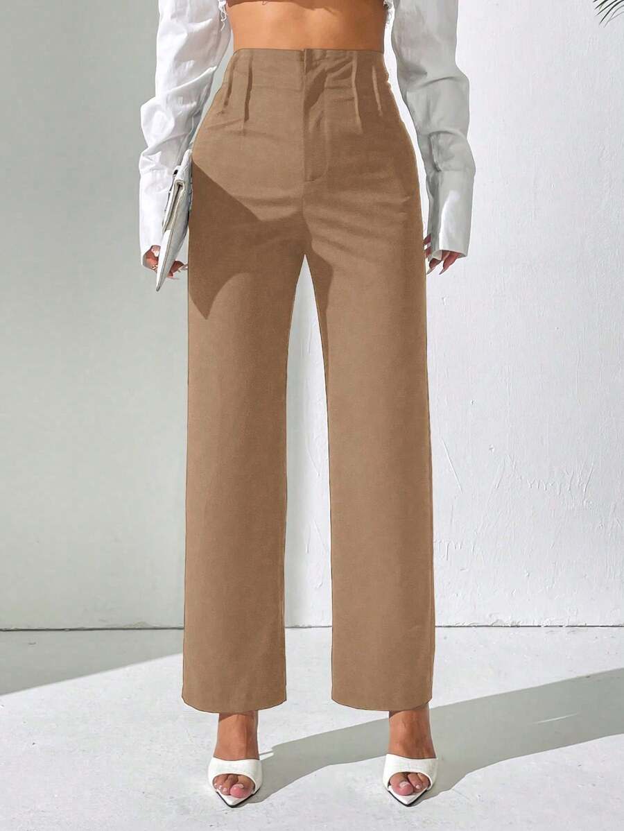 SHEIN PETITE Quần ống đứng dệt trơn màu cho nữ - Màu Khaki - Xem 1