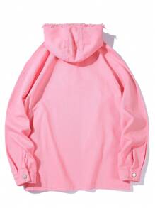 Manfinity Hypemode Men Solid Color Front Button Long Sleeve Pocket Simple Casual Denim Hooded Jacket, Fall - Pink - View 2