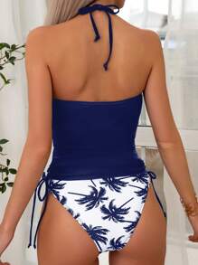 Swim Lushoire Summer Women's Palm Tree Print Halter Neck Tie Side Tankini Swimwear, Suitable For Beach Vacation - Multicolor - View 2
