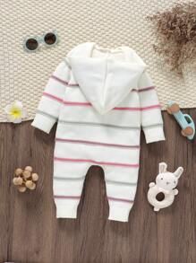 女婴前扣长袖条纹休闲连体衣