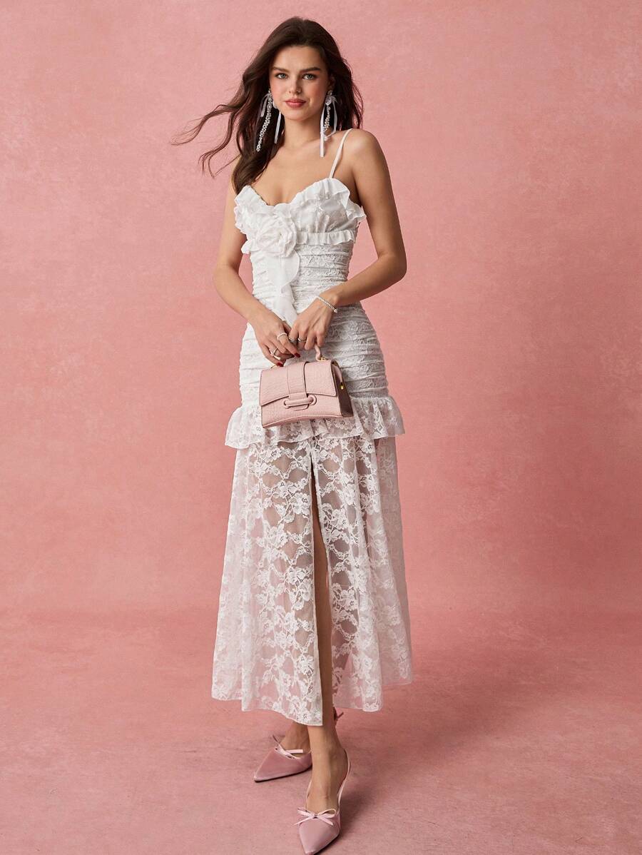 Enchnt 春夏浪漫女装白色蕾丝时尚立体花朵连衣裙，甜美优雅，适合情人节、节日、甜蜜约会、日常和度假