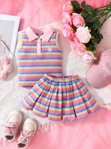 2 件女婴休闲针织彩色条纹花卉图案翻领无袖上衣和裙子套装