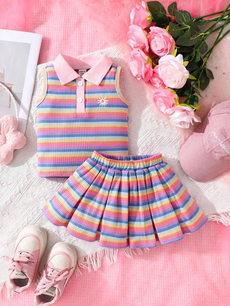 2 件女婴休闲针织彩色条纹花卉图案翻领无袖上衣和裙子套装