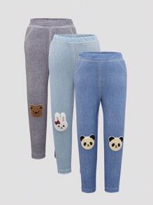 SHEIN 3pcs/Set Girls Denim Effect Cute Cartoon Pattern Long Leggings Set - Multicolor - View 5