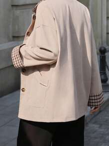 SHEIN EZwear Chaqueta casual de manga larga con botones frontales y bolsillos en unicolor y diseño de parches para mujer