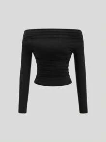Sweetra Blusa holgada casual de unicolor con hombros descubiertos y manga larga, adecuada para vacaciones