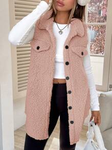 SHEIN EZwear Solid Button Front Casual Flap Detail Teddy Vest Coat In Fall/Winter - Dusty Pink - View 7