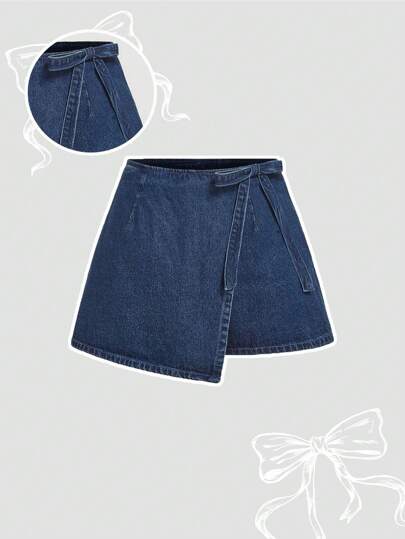 SHEIN MOD Plus Size Blue Denim Shorts, Casual Shorts With Skirt Overlay