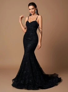 UNITHORSE Spaghetti Strap Embroidery Floral Decor Mermaid Dress With Trailing, Wedding Dress,Bride - Black - View 8