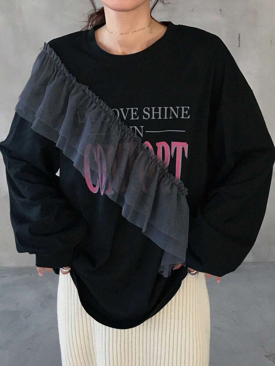 FRIFUL Women's Letter Print Mesh Patchwork Loose Slouchy T-Shirt,Fall Clothes - Black - View 1