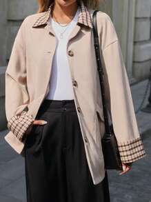 SHEIN EZwear Chaqueta casual de manga larga con botones frontales y bolsillos en unicolor y diseño de parches para mujer