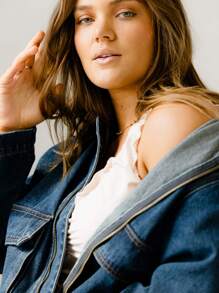 Aralina Curve Relaxed Blue Denim Trucker Zip-Up Utility Jacket