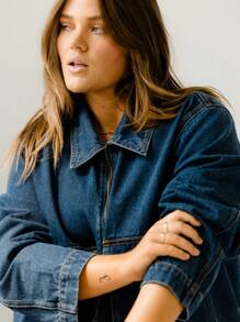 Aralina Curve Relaxed Blue Denim Trucker Zip-Up Utility Jacket