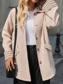 SHEIN EZwear Chaqueta casual de manga larga con botones frontales y bolsillos en unicolor y diseño de parches para mujer