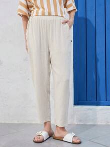 EMERY ROSE 女士纯色松紧腰带口袋休闲裤，日常穿着 - 杏色 - 查看 7