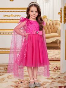 SHEIN 年轻女孩优雅迷人的多层闪光网眼披肩和网眼连衣裙 - 玫紅色 - 查看 2