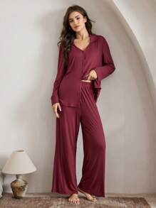 Ocili Bộ đồ ngủ nữ trơn màu, áo và quần, đồ mặc nhà đơn giản, thoải mái cho mùa lễ hội hàng ngày, trang phục ấm áp, quần áo thu đông - Gỗ đỏ - Xem 6