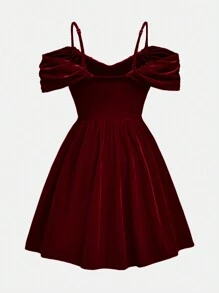 SHEIN Tween Girl Red Elegant Velvet Cold Shoulder Sleeveless Ruched Waist Flowy Dress - Burgundy - View 4