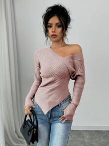 Chiquease 1pc Women Elegant Twist Knit Open Shoulder Pullover Top For New Year Knit Pullover Fall Winter Sweater